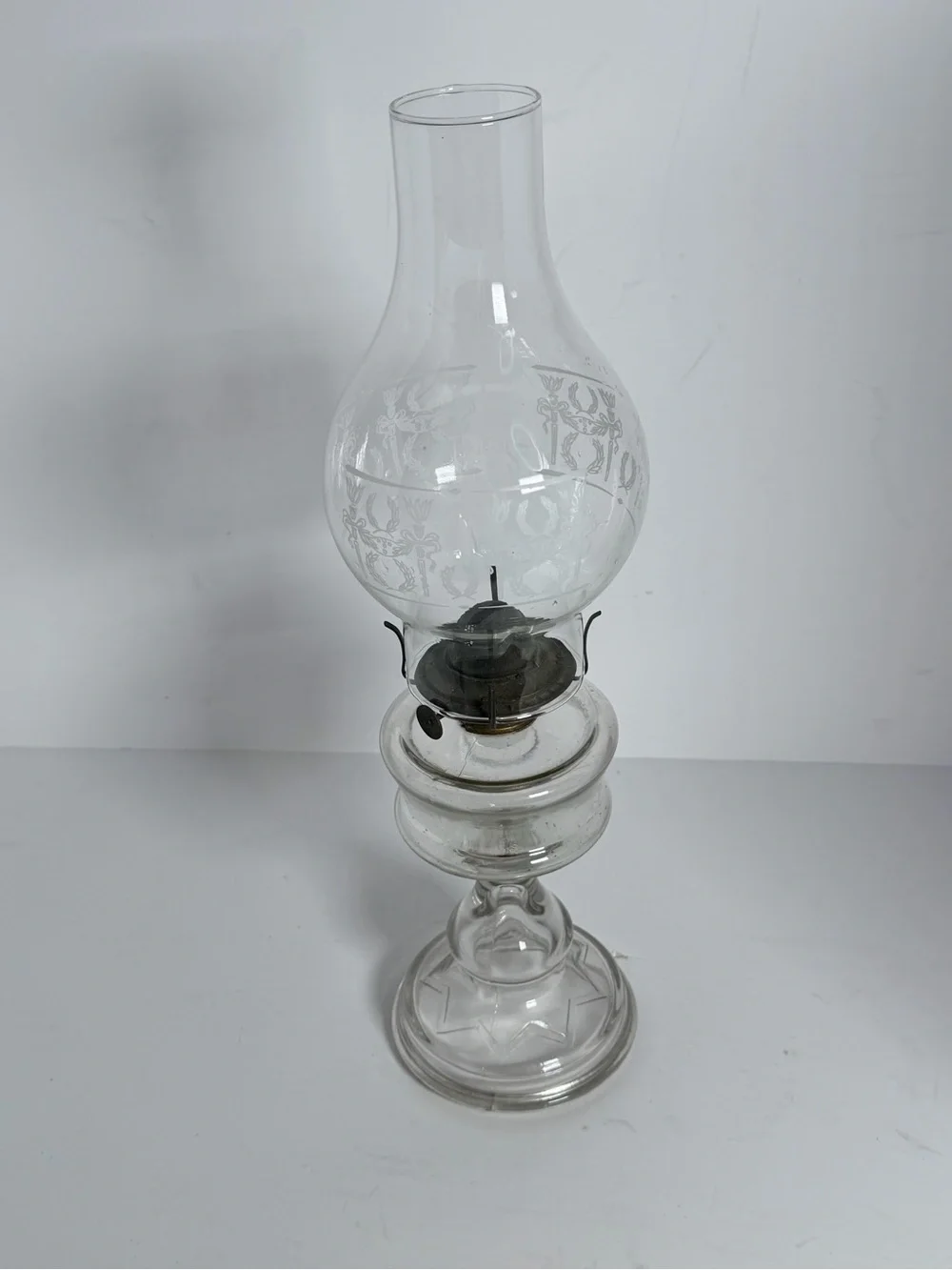 Vintage Clear Glass Pedestal Oil Lamp with Etched Chimney – 17